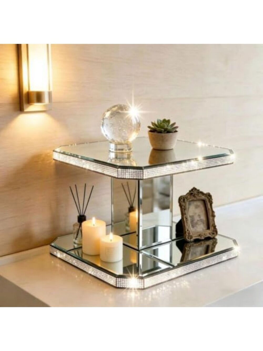Two-Tier Mirrored Display Riser with Rhinestone Trim - Decorative Glass Stand - Picture 2 of 7